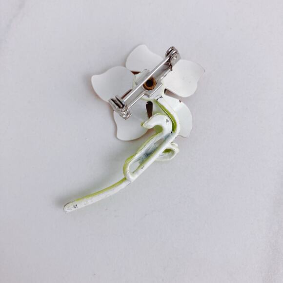 Vintage Enamel Flower Brooch, Orange Green, Mid Century 40s 50s 60s - Picture 7 of 7